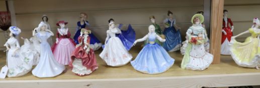 Thirteen Royal Doulton figurines and five Coalport figurines