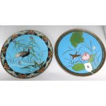 A pair of bird decorated cloisonne plates