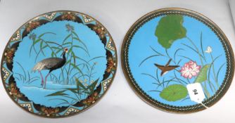 A pair of bird decorated cloisonne plates