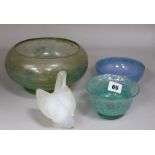 Three Monart type glass bowls and a Sabino bird