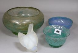 Three Monart type glass bowls and a Sabino bird