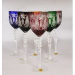 A set of six coloured hock glasses