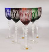 A set of six coloured hock glasses