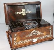A Victorian mother of pearl inlaid rosewood tea caddy