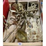 A quantity of brass and other metalware, including fire irons, ladles, trivet etc,