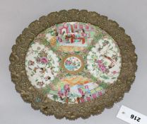 A late 19th century Canton plate with cast metal mount