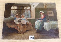 A. Russell, oil on canvas, Cottage interior with children playing, signed, 26 x 36cm, unframed