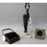 A bronze Putti, tray and photo frame