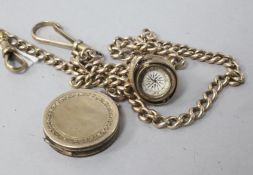 A 9ct gold chain hung with a locket and a compass (a.f.), chain 16.75in.