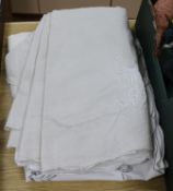 A circular linen tablecloth - napkin set & various other cloths