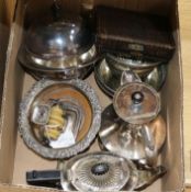 A quantity of silver plated items including a wax jack and two cased sets of silver spoons.