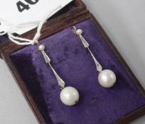 A pair of cultured pearl and diamond drop earrings, 1.5in.