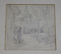 Attributed to Sir Frank Brangwyn, pencil drawing, 16 x 16cm, unframed