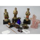 A Japanese carved wood articulated Samurai toy and various small Oriental items, including two