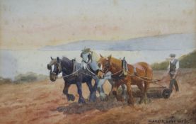 Mabel Amber Kingwell, watercolour, a ploughman and a horse, signed, 12 x 18cm