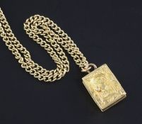 A Victorian chased gold rectangular double locket pendant on a later 9ct gold chain, the locket