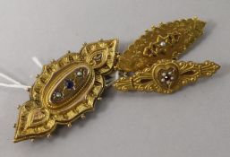 Three early 20th century 9ct gold and gem set bar brooches. largest 2.25in.