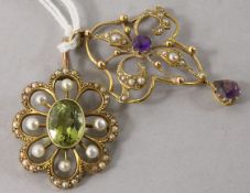 Two Edwardian 15ct gold and gem set pendants, largest 1.75in.