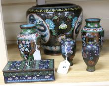 A Chinese cloisonne jardiniere, two similar pairs of vases and a cigarette box and a Japanese bronze