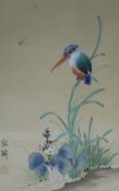 Three Japanese paintings on silk of birds, 29 x 19cm