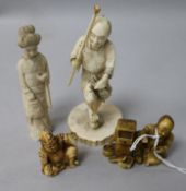 Three Japanese ivory figures and a netsuke