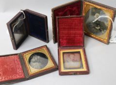 Two Victorian Daguerreotype portraits and two other photographic portraits, all in fitted velvet-