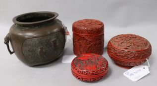 2 Chinese cinnabar lacquer items, a Japanese bronze vase, box & cover
