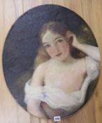 Oil on canvas laid on board, oval portrait of a girl, 60 x 50cm, unframed