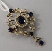 A gold, seed pearl and blue paste? set pendant brooch, 1.75in.
