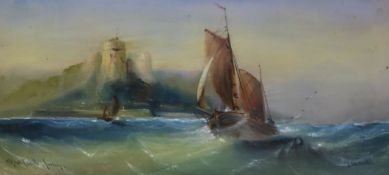 V Ward, 'Orgueil Castle, Jersey', signed and inscribed, pastel, and a similar work by the hand, 26 x