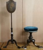 A Victorian revolving piano stool, a sewing box and a pole screen