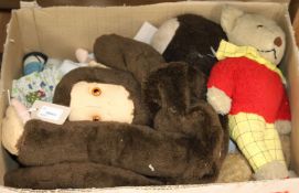 A monkey pyjama case, two Knickerbocker Toy Co. Hobbie dolls, various soft toys, inc elephant,