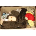 A monkey pyjama case, two Knickerbocker Toy Co. Hobbie dolls, various soft toys, inc elephant,