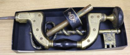 An ebony and brass Ultimatum Brace and bit, a large brass key and a Chinese bamboo pot