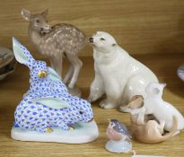 A Herend group of two rabbits and four other animal figures, including a Branksome polar bear, a