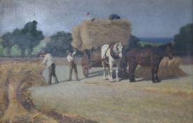 English School, oil on canvas, harvest scene, 29 x 45cm