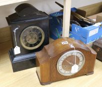 A slate mantel clock and oak cased mantel clock