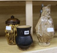 A German stoneware Bellarmine, pottery jug & slipware jar & cover