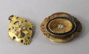 An early 20th century gold and diamond set brooch and a similar gold and seed pearl brooch, 1.5in.