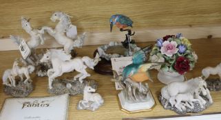 Six 'Fables' unicorn figures by Holland Studio Craft, a Capodimonte Kingfisher, A/F, Leonardo