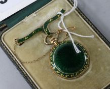 An early 20th century Swiss 14ct gold and guilloche enamel fob watch with brooch suspension, in