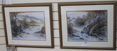A pair of Chinese watercolour river landscapes, 33 x 41cm