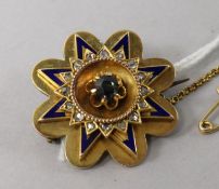 An early 20th century gold, diamond, sapphire and enamel star brooch, 1in.