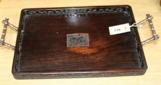 A Chinese prunus-carved and pierced rosewood rectangular tray with faux bamboo white metal