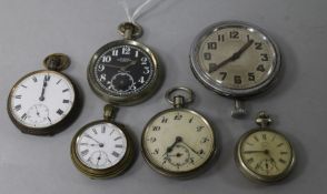 A military issue nickel-cased open face pocket watch with black dial, four other pocket watches