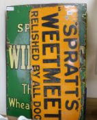 A Spratts Winalot Neetmeat Wayne Dog Food sign and and other enamel advertising signs (5)