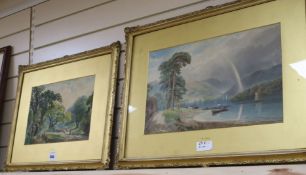 Alfred Cox, two watercolours, Lake scene and Shepherd in woodland, largest 27 x 44cm
