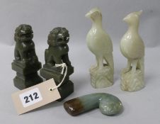 A pair of jade phoenix, a pair of similar lions and a dagger handle