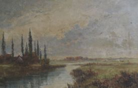 A* Phillips (c 1900), oil on canvas, river landscape, 40 x 60cm, (some craquelure)