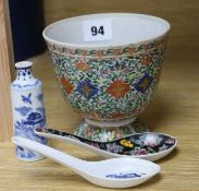 19thC Chinese famille rose bowl, B&W snuff bottle & 2 spoons
